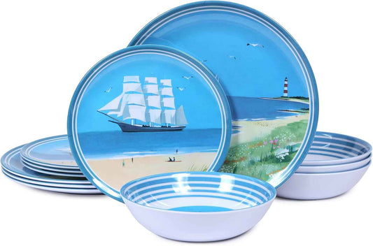 Outdoor Melamine Dinnerware Set 12-Piece, Beach Sailing Pattern Unbreakable Plates & Bowls, Dishwasher Safe Lightweight for Picnic Pool Party Camping（Sailboat）