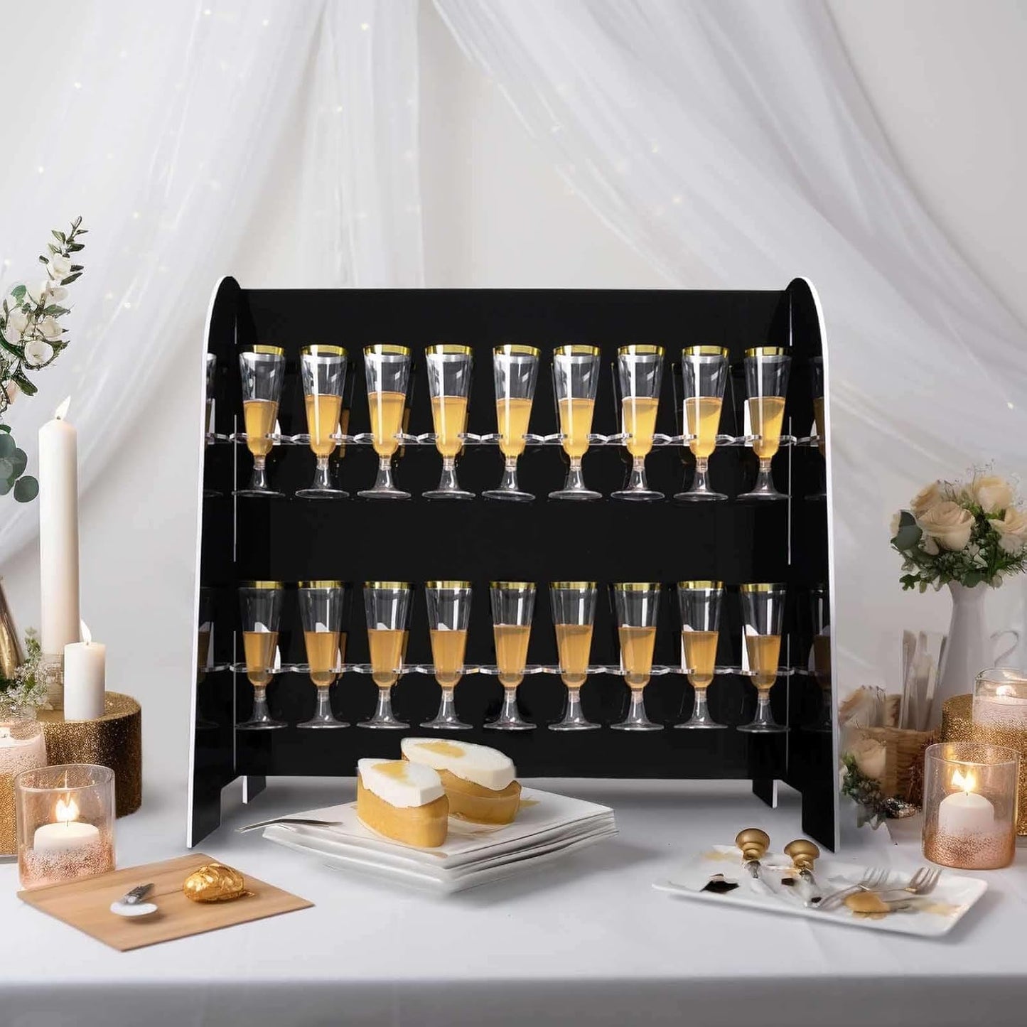 Tableclothsfactory Black Mirror Finish 2-Tier Wine Glass Stemware Rack, 18 Champagne Flute Holder Foam Board Stand - 25"