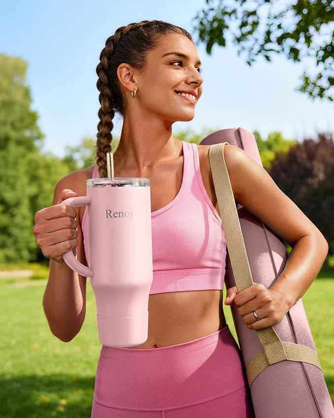 Renoj Insulated Mug 100% Spill Resistant Insulated Water Bottle for Iced Coffee & Hot Drinks - Fits Car Cup Holder, Ideal Gift, 2 Straws & Silicone Boot - FlexSlide Light Pink 40 oz