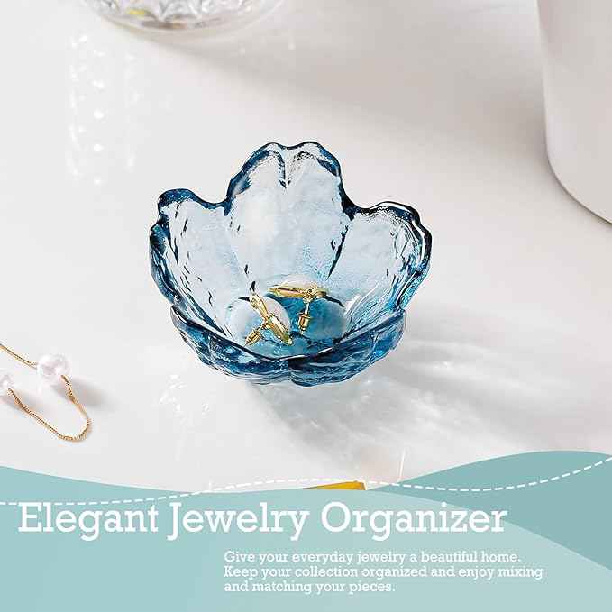 Binoster Blue Flower Glass Ring Dish Jewelry Tray Ring Holder Dish Cute Room Decor Vanity Organizer for Nightstand or Bathroom Aesthetic Trinket Dish Gift for Wife Mom Daughter