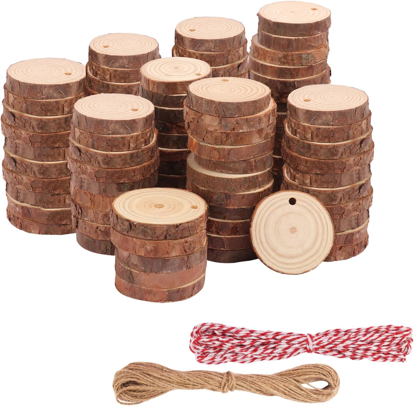 100 PCS 2.4-2.8 Inch Unfinished Wood Slices, Natural Wood Slices, Predrilled with Hole Wood Slice for DIY Arts Craft Christmas Ornaments