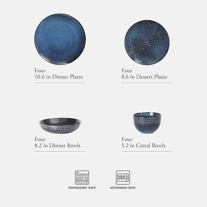 Gibson Elite Matisse 16-Piece Dinnerware Set – Double Bowl Reactive Glaze Cereamic Stoneware in Blue – Plates and Bowls Sets for 4, Microwave & Dishwasher Safe, Rustic Modern Design