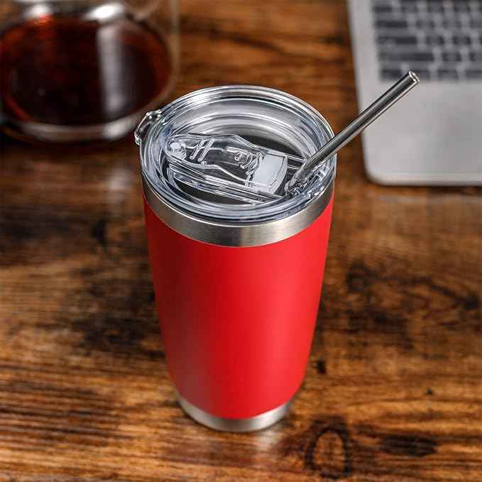 COMOOO 20oz Double Wall Vacuum Insulated Travel Mug, Stainless Steel Tumbler with Lid and Straw Durable Powder Coated Insulated Coffee Cup for Cold & Hot Drinks (red，12 pack