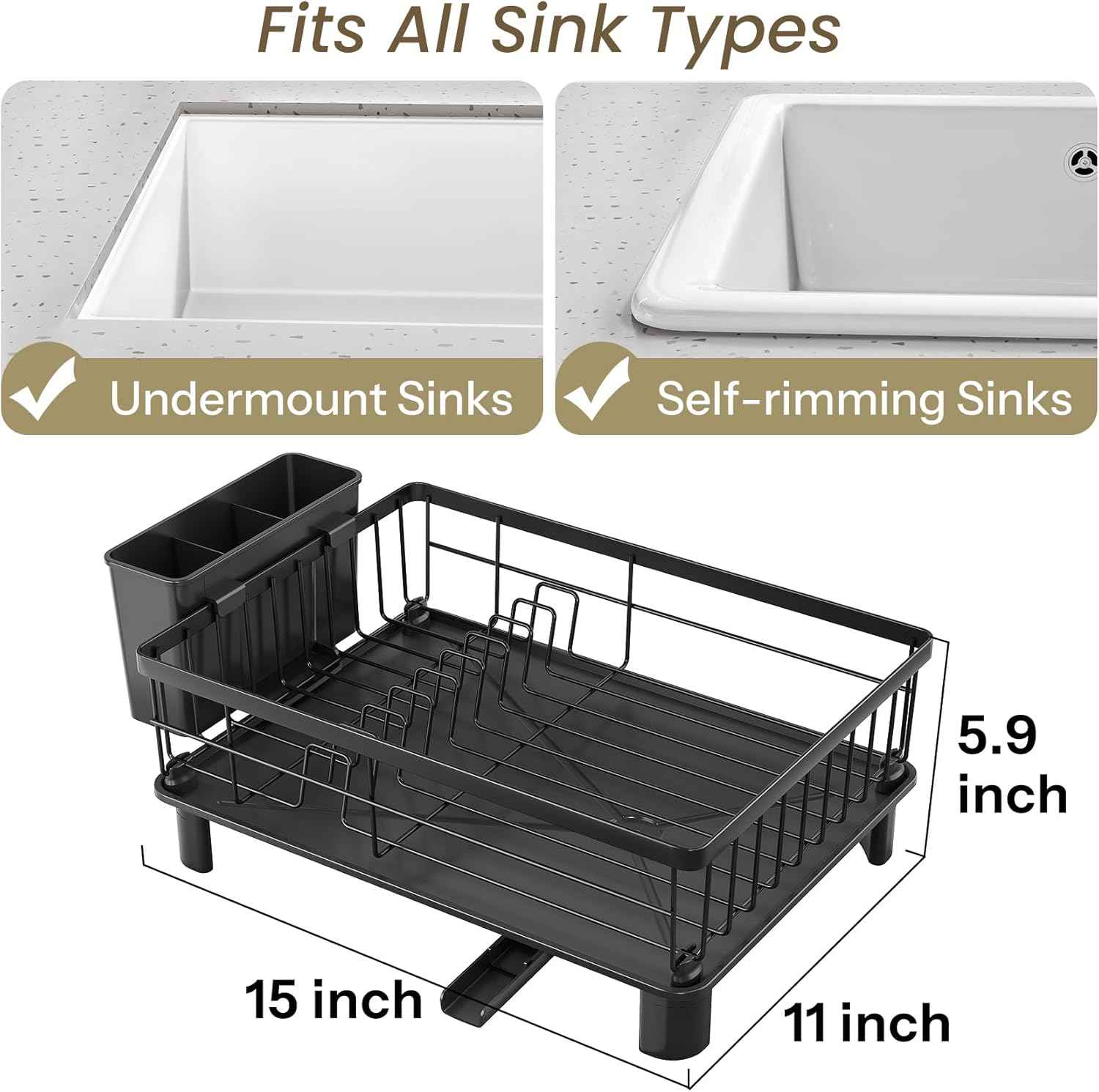 SNTD Dish Drying Rack - Space-Saving Dish Rack for Kitchen Counter, Stainless Steel Dish Drainer with Utensil Holder and Drainboard, 11" W x 15" L (Black)