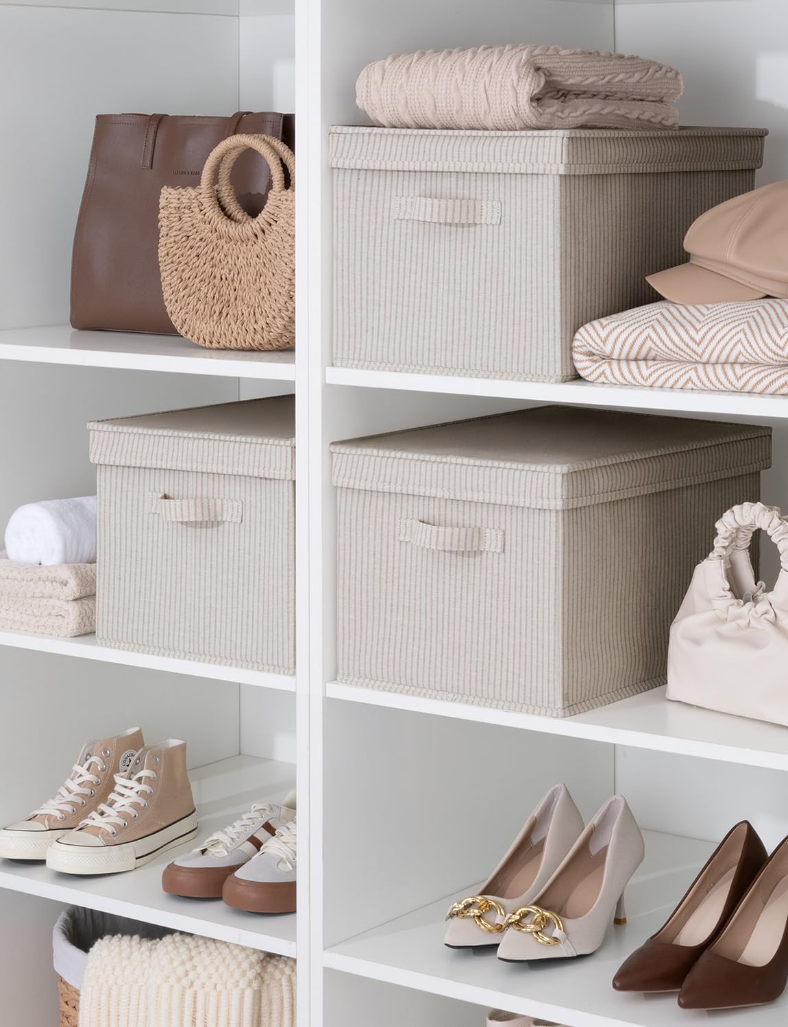 StorageWorks Storage Bins with Lids, Decorative Storage Boxes with Lid and Handles, Foldable Storage Baskets for Closet, Shelves, Stackable, Khaki Stripe, Jumbo, 3-Pack