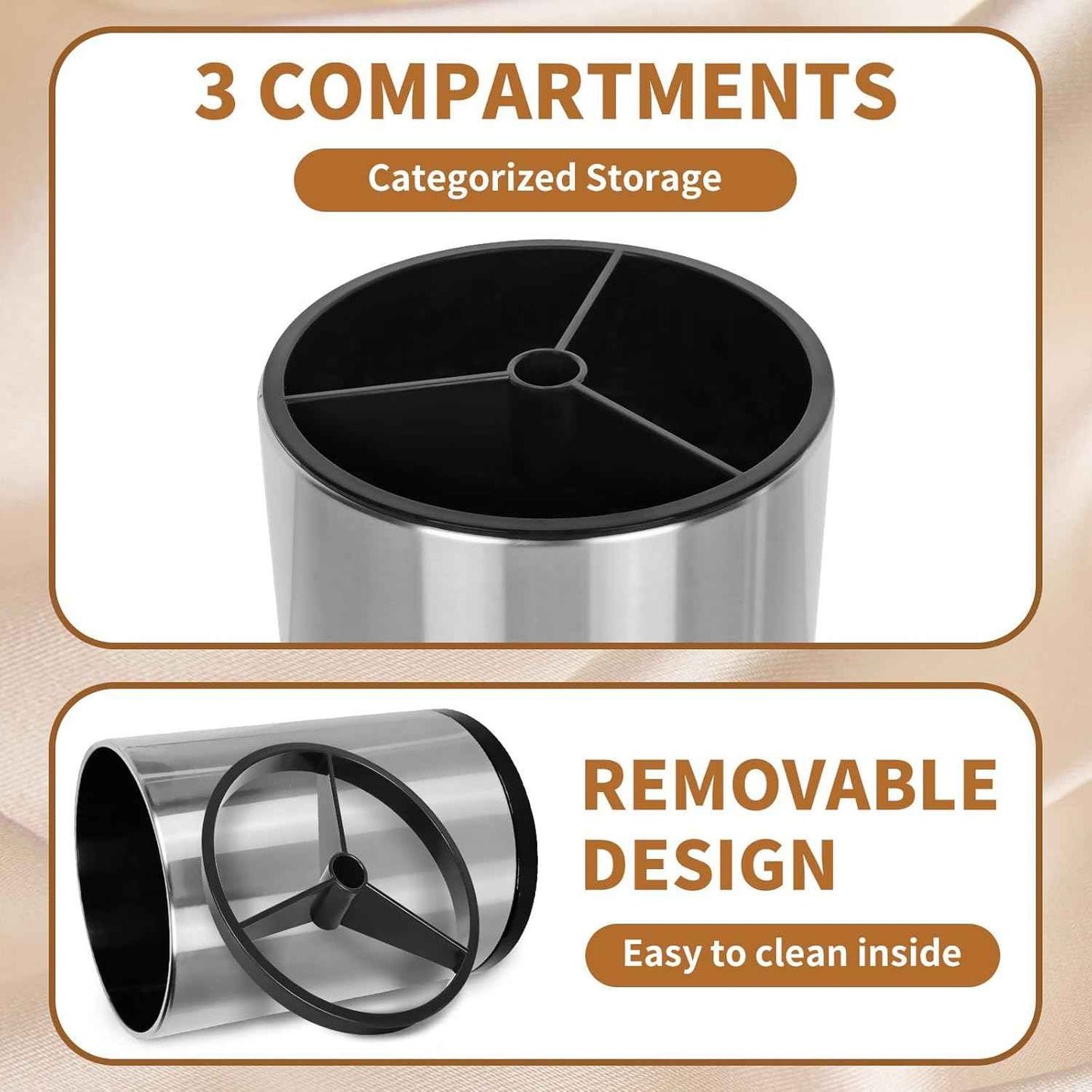 Nigelia Extra Large Kitchen Utensil Holder, 360° Rotating Stainless Steel Cooking Utensil Holder for Countertop, 3 Compartment Flatware Organizer & Cooking Caddy with Removable Base（Silvery）