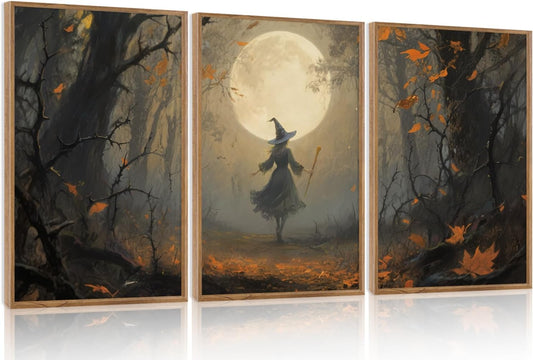 Aurlan Moonlight Witch in The Maple Forest Framed Wall Art(16"x24"), 3PCS Vintage Magical Witchy Gothic Halloween Canvas Artwork, Dark Academia Mystical Midnight Landscape Decor for Home Office Bedroom