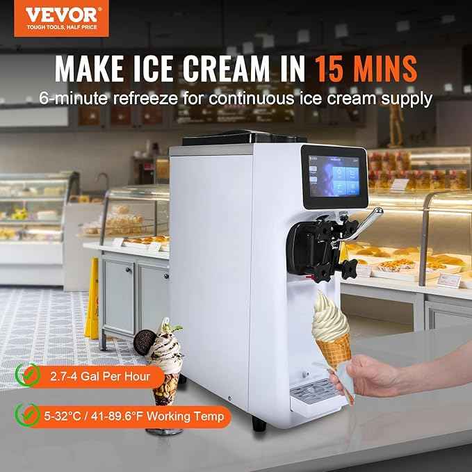 VEVOR Commercial Ice Cream Machine, 1000W Single Flavor Soft Serve Ice Cream Maker, 10.6 QT/H Yield, 4L Hopper & 1.6L Cylinder, Touch Screen, Auto Clean & Pre-Cooling, Countertop Restaurant Snack Bar
