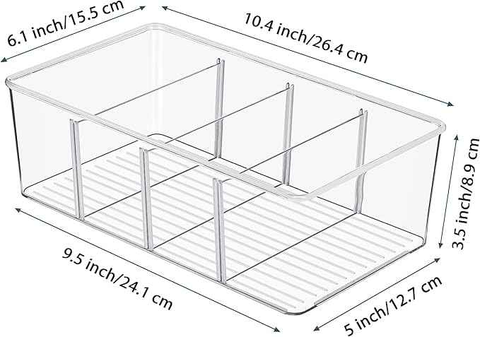 Vtopmart 10 Pack Food Storage Organizer Bins, Clear Plastic Bins for Pantry, Kitchen, Fridge, Cabinet Organization and Storage, 4 Compartment Holder Packets, Snacks, Pouches, Spice Packets