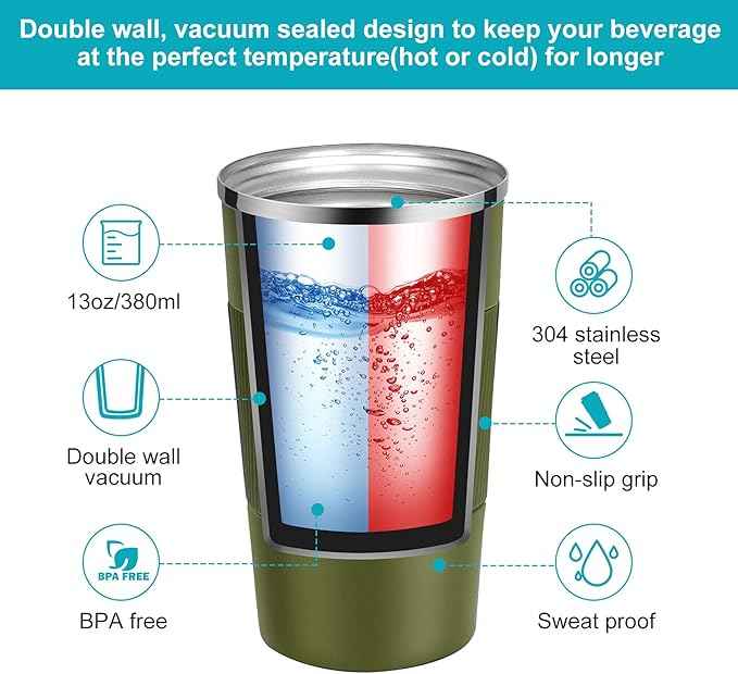 YINJAM 12oz Travel Coffee Mug Insulated Coffee Cups to Go with Leakproof Lid Vacuum Stainless Steel Double Walled Thermal Car Coffee Tumbler for Hot Cold Iced Tea Drinks Reusable (Green, 12oz)