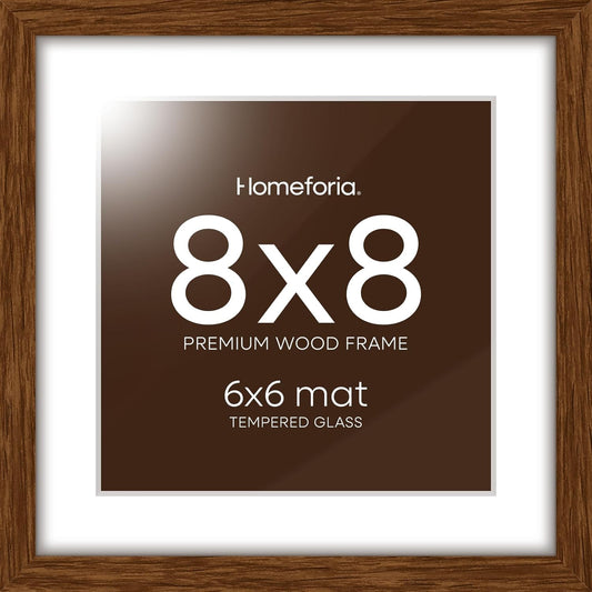 Homeforia 8x8 Picture Frame Brown, High-End Dark Oak 8 x 8 Square Brown Wood Frame with Mat 6 by 6 for Art, 8by8 Wooden Walnut Poster Frame Matted to 6x6 inch Photo, Tempered Glass, Wall Kit, Set of 1