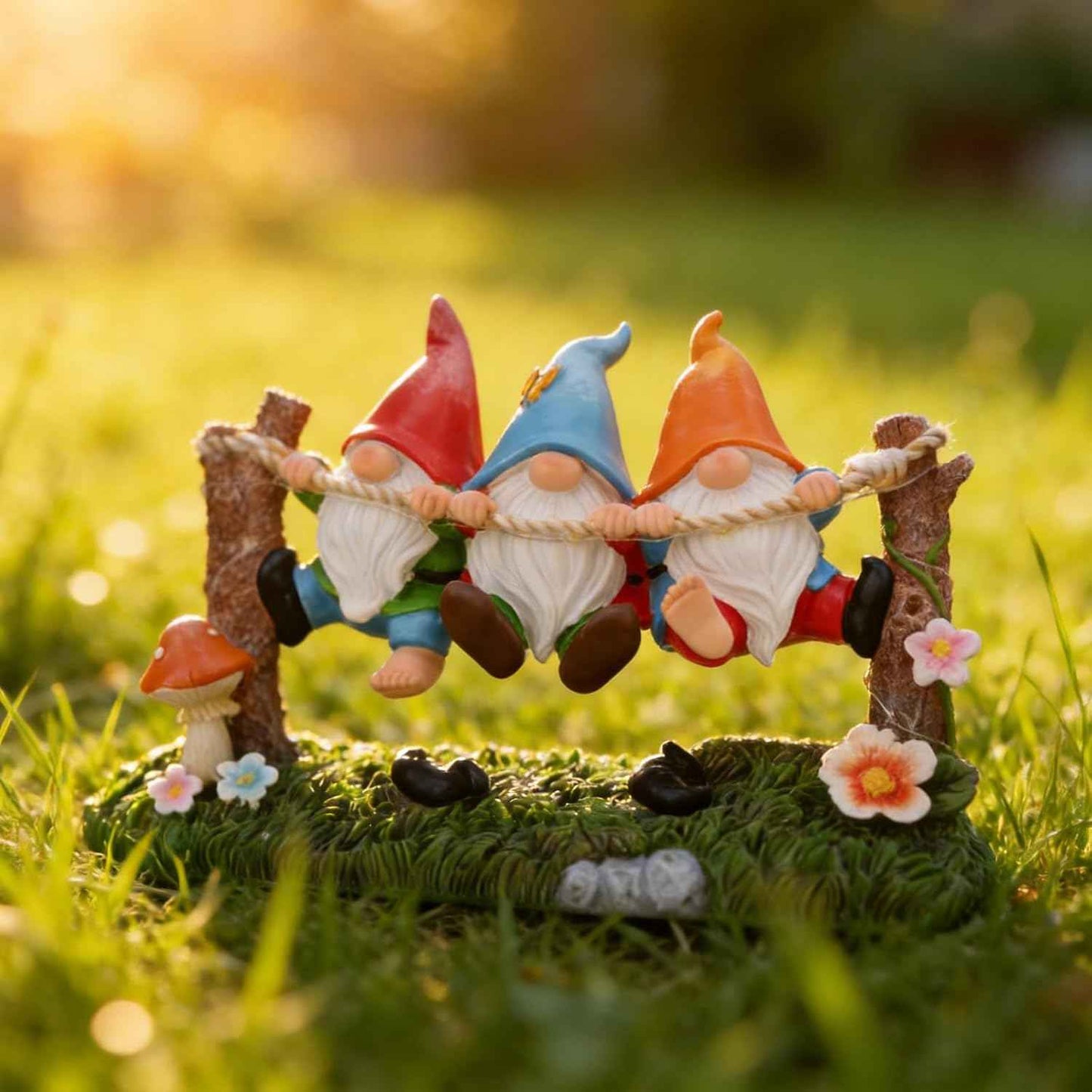 Garden Gnome Statue, Solar Swing Gnomes Figurine with Flowers and Mushrooms, Waterproof Resin Outdoor Decor for Patio Lawn Yard Home Tabletop Decoration