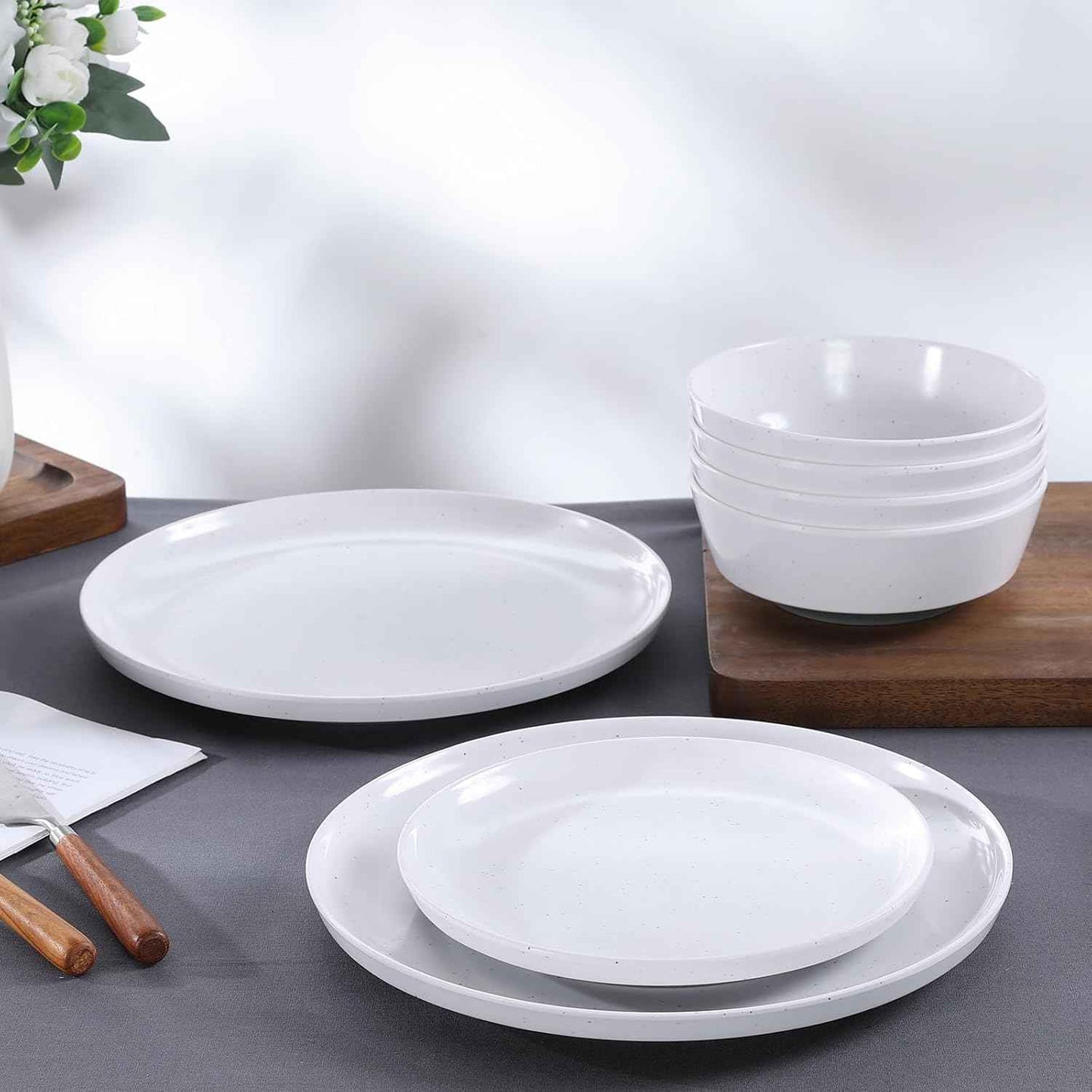 Webbylee 12-Piece Melamine Dinnerware Set for 4 – Unbreakable Plates & Bowls, Lightweight, Two-Tone White & Grey, Ideal for Family Meals, Camping, Picnic, Parties