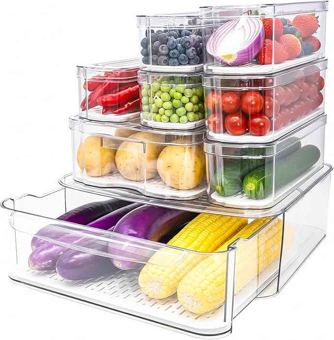 SMRCAD Fridge Organizers and Storage, 8 Pack Clear Freezer Organizer Bins with Lids for Kitchen, Pantry, Refrigerator, Food, Fruit, Vegetable Storage (8 Bins (Include Pull-out Drawer))