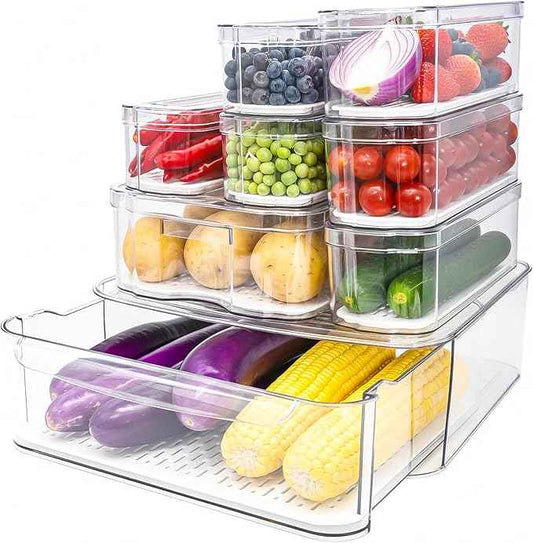 SMRCAD Fridge Organizers and Storage, 8 Pack Clear Freezer Organizer Bins with Lids for Kitchen, Pantry, Refrigerator, Food, Fruit, Vegetable Storage (8 Bins (Include Pull-out Drawer))