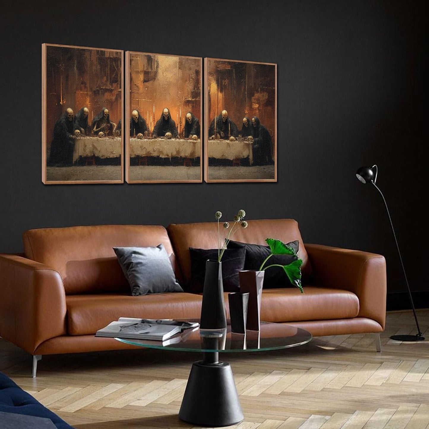 KAIRNE Framed Skeleton Canvas Wall Art,Abstract Retro Skull Pictures Set of 3(16”X24”),Scary Halloween Prints,Horror Wall Art,Skeleton Last Supper Posters for Living Room Bedroom Ding Room Decoration