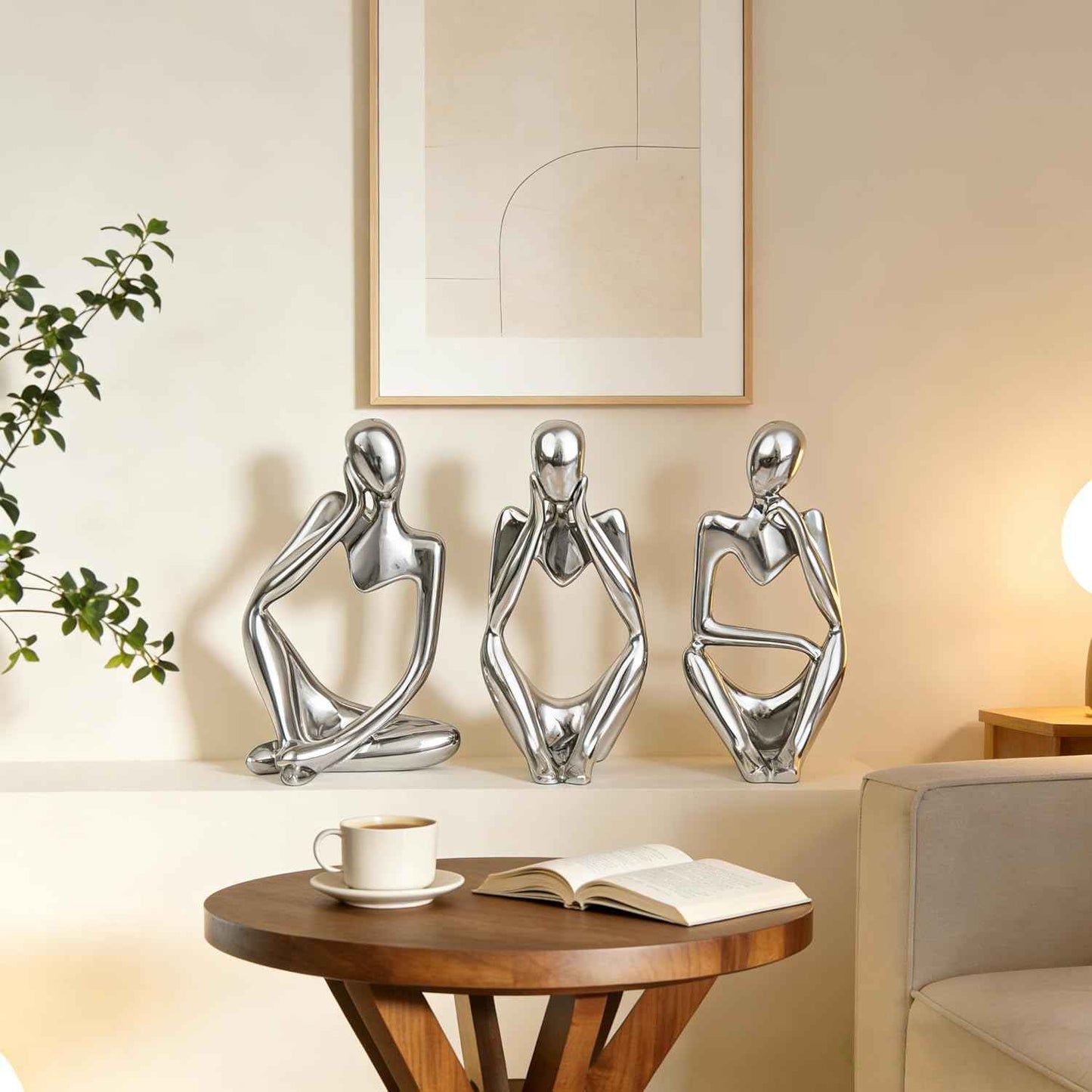 XINXUAN Thinker Statue Home Decor-Bookshelf & Living Room&Mantel-Collectible Figurines - 3 PCS Set (Silver)