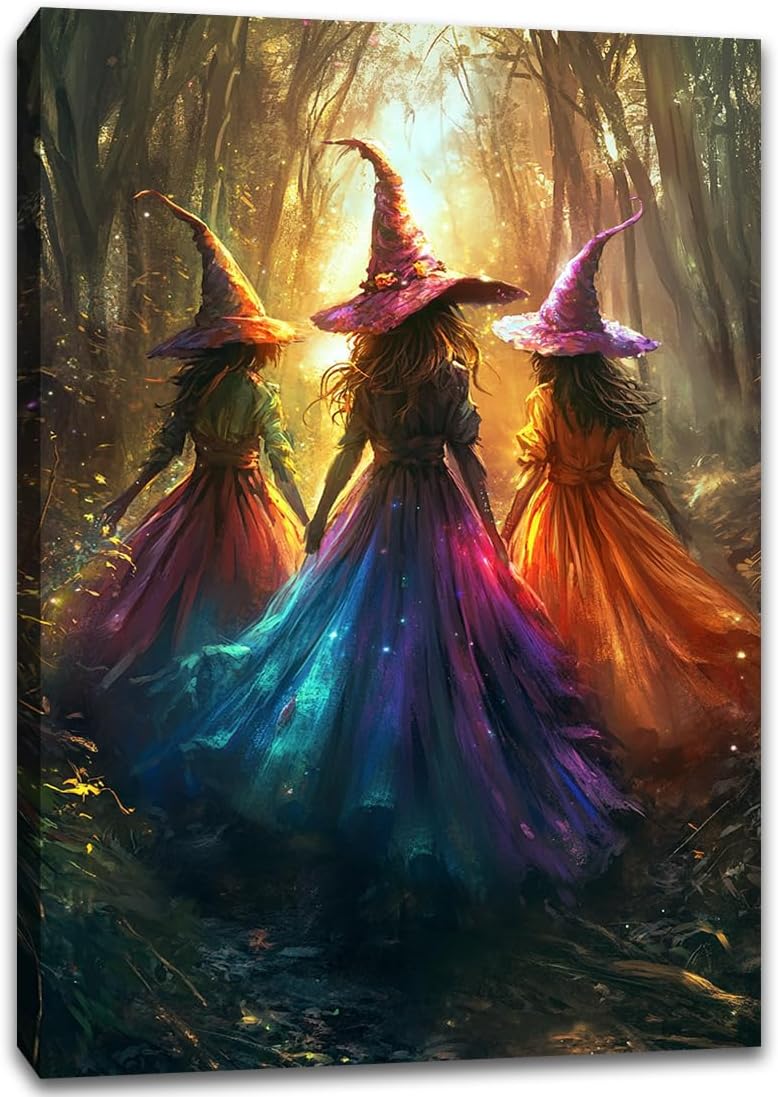 Halloween Room Decor Wall Art Colorful Witch Prints,Vintage Three Colorful Witches in Forest Halloween Posters,Fall Fantasy Aesthetic Pictures Playful Art Wall Decor for Bedroom,24"x36" Framed