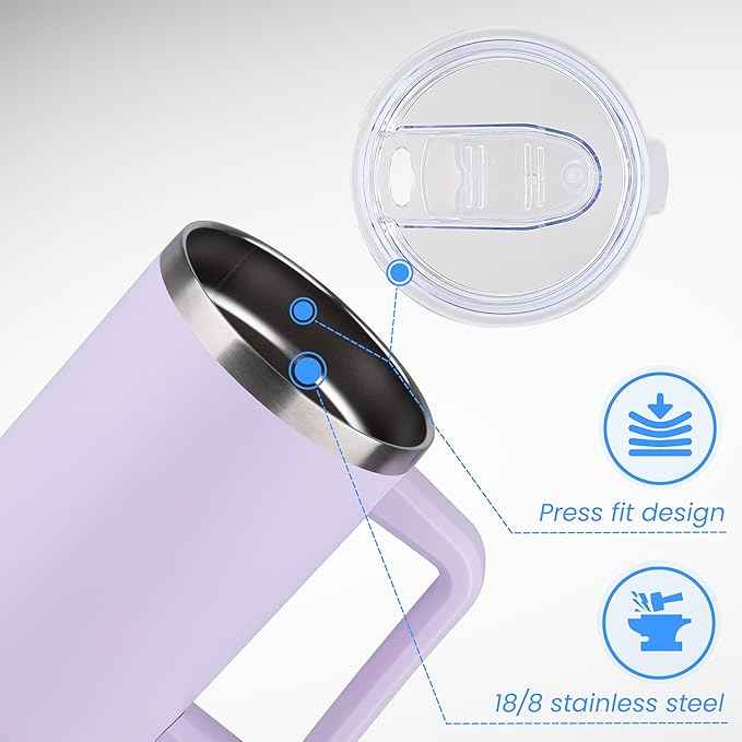 DOMICARE 40 oz Tumbler with Handle and Straw, Stainless Steel Tumbler with Lid and Straw, Reusable Vacuum Insulated Cup, Travel Coffee Mug, Lavender, 1Pack