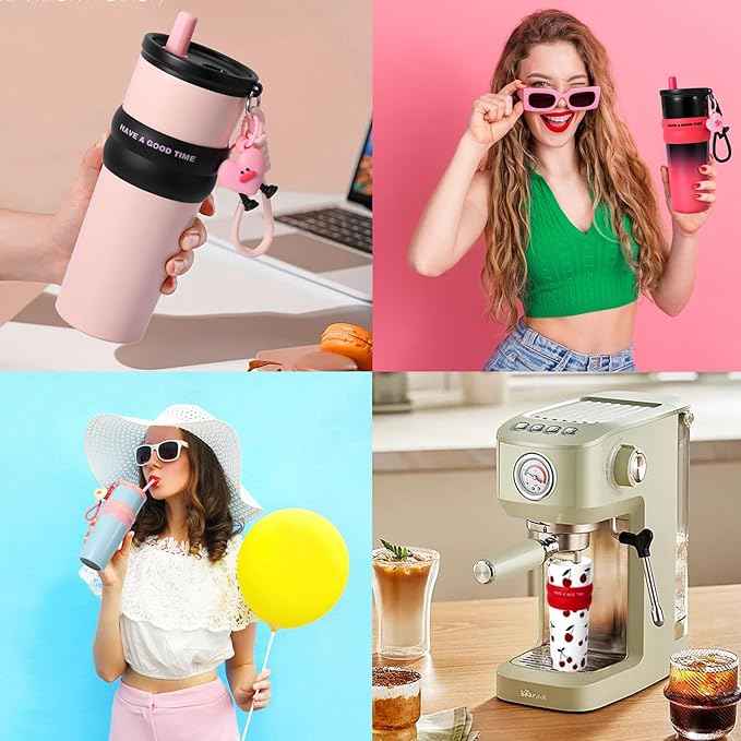 24 oz Stainless Steel Tumbler with Straw, Water Bottle Leak Proof for Hot and Cold, Pink Black Insulated Coffee Travel Mug, Ceramic Lined Tumbler, Reusable Thermal Coffee Cup Gift for Women