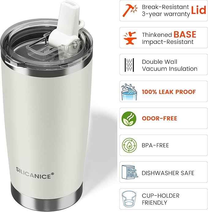 20oz Hygienic Insulated Tumbler — 100% Leakproof Lid with Removable Spout & Straw, Reinforced Vacuum-Protection Base, Cup Holder Friendly, for Iced Coffee, Smoothie/Water on the Go - Cream