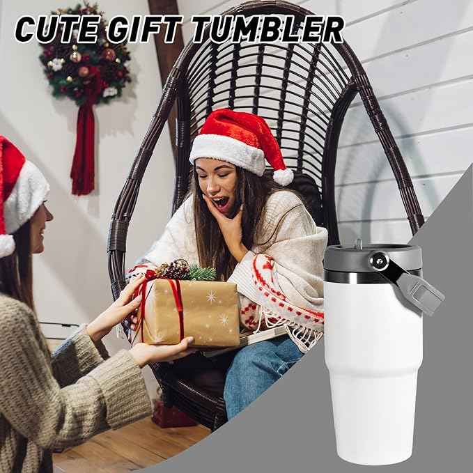 20 oz Tumbler with Handle, Insulated Tumbler with Lid and Flip Straw Leak Proof Double Wall Stainless Steel Vacuum Travel Coffee Mug Insulated Water Bottle Thermal Cup, Cupholder Friendly, White