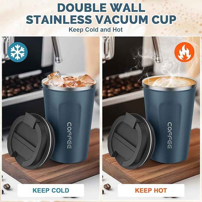 MOMSIV 12oz Travel Mug, Insulated Coffee Cup with Leakproof Lid, Vacuum Stainless Steel Double Walled Reusable Tumbler for Hot and Cold Water Coffee and Tea In Travel and Car Blue