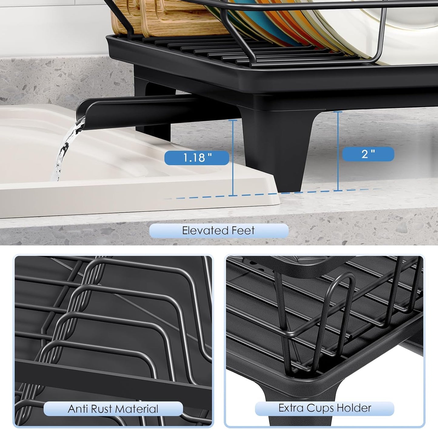 Urackify Dish Drying Rack for Kitchen Counter, Sink Dish Rack with Drainboard 12.2" W x 16.5" L, Large Dish Drainer with Cutlery Holder, Home Countertop Plate Dryer Storage Rack, Black