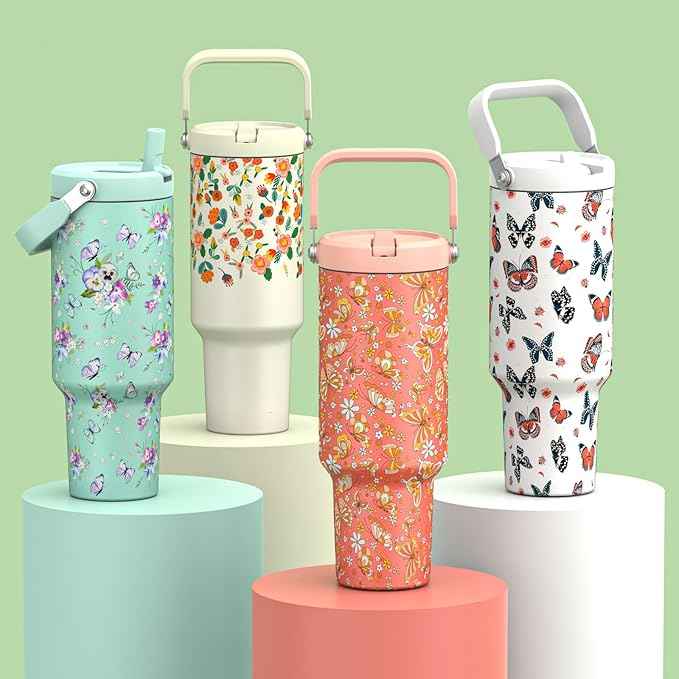 40 oz Insulated Tumbler with Top Handle and Flip Straw, Vacuum Insulated Stainless Steel Cup with Leak-Proof Lid, Sweat-Free, Fits Cup Holder, Keeps Ice Cold up to 30 Hours