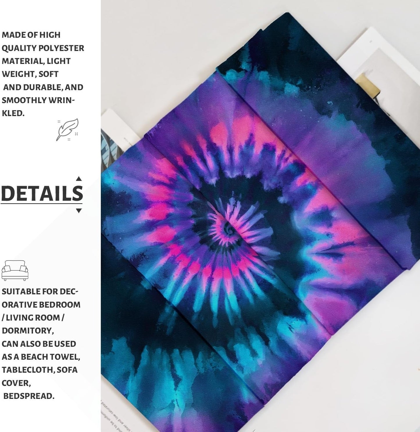 Spiral Tie-Dye Tapestry, Vibrant Violet Blue Decorative Wall Hanging, Colorful Aesthetic Tapestries for Bedroom, Living Room, Dorm 70x90 Inch