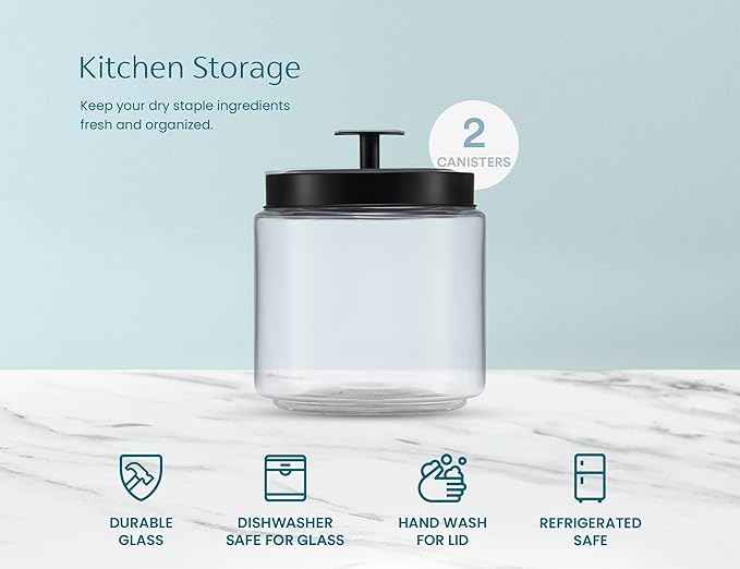 KooK Glass Kitchen Canister Set, Food & Storage Containers for Pantry, Bathroom Apothecary Jars, Tinplate tight Lids, Counter Organizers, 50 oz, Black, Set of 2
