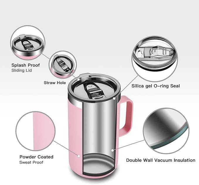 KXIAOCHEN 20oz Insulated Coffee Mug with Lid, Stainless Steel Coffee Cup, Double Wall Vacuum Coffee Tumbler with Handle, Premium Thermal Travel Coffee Mug (Blue Green Pink 2Pack)