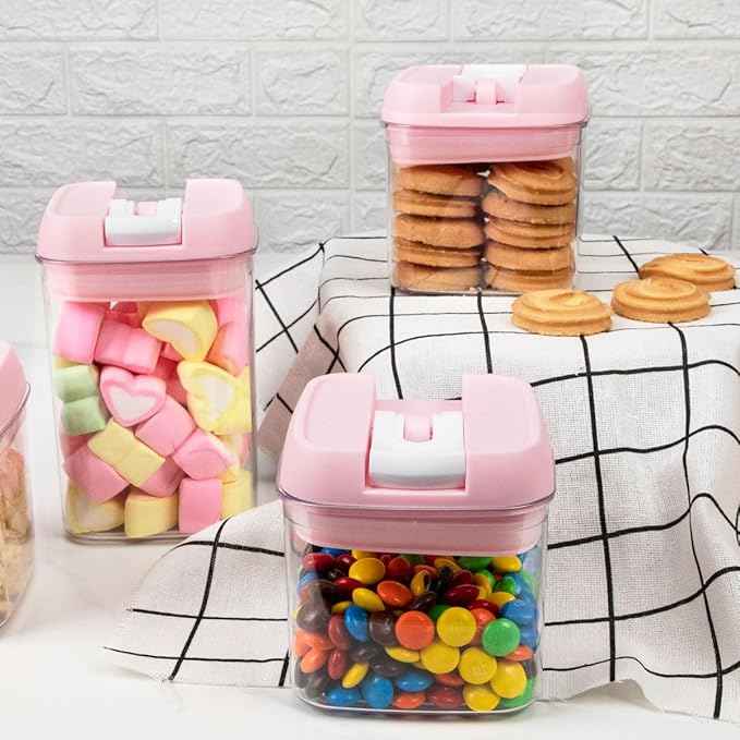 U-QE Airtight Food Storage Container Set-10 Piece BPA Free Clear Plastic Cereal Canisters with Easy Lock Lids-Kitchen & Pantry Organization Containers for Sugar, Flour, Cereal, Labels & Marker(Pink)