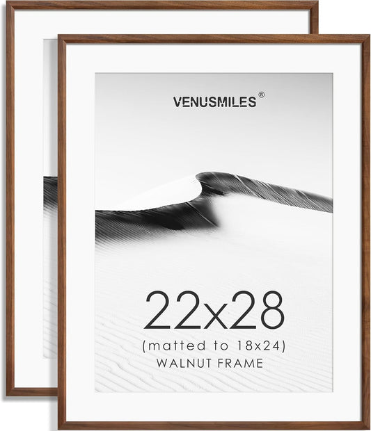 22x28 Poster Frame Set of 2 Natural Solid Walnut Photo Frames with 18x24 Removable Mat Wall Hanging Large Handcrafted Frame with HD Plexiglass Wall and Tabletop Display Large Picture Frame