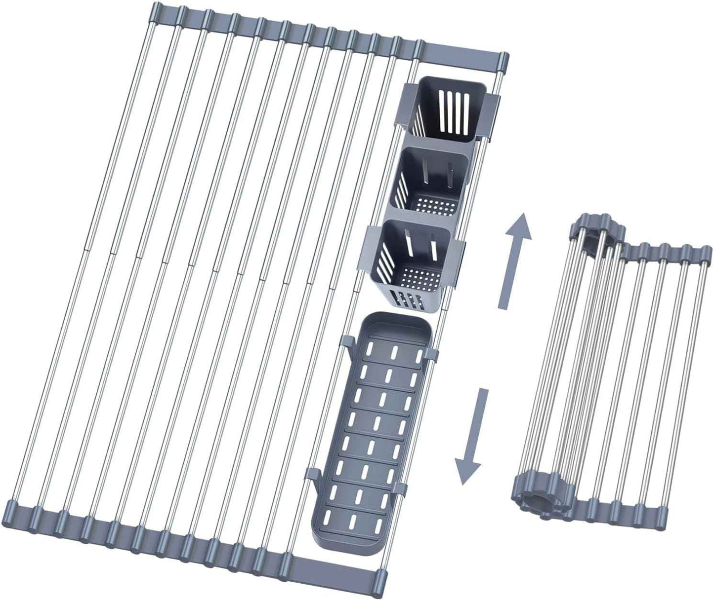 Gabrielline Extra Large Roll Up Dish Drying Rack for Kitchen Sink - 21.6” x 12.7” Stainless Steel Over The Sink Mat with Utensil Caddy & Drip Tray - Heavy Duty Space Saving 5-PC Set