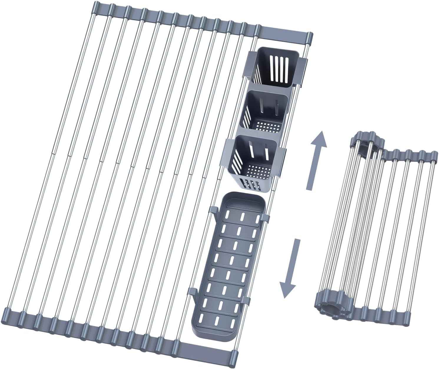 Gabrielline Extra Large Roll Up Dish Drying Rack for Kitchen Sink - 21.6” x 12.7” Stainless Steel Over The Sink Mat with Utensil Caddy & Drip Tray - Heavy Duty Space Saving 5-PC Set