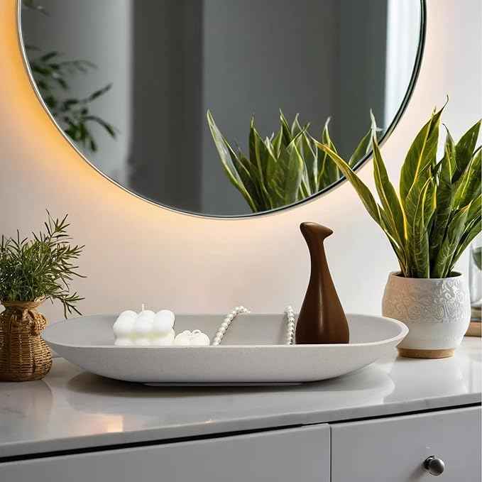 LIN CHUAN Large Decorative Bowl for Home Decor - Long Dough Bowls with Anti Slip Base for Table Centerpieces - Grey Minimalist Design Dough Decor Bowl for Coffee Table, Dining Table Centerpiece