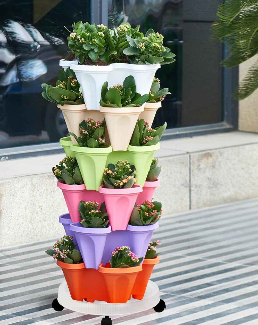 Vertical Planter 5 Tiered,Stackable Planters for Strawberry Herb Flower and Vegetable Stacking Garden Tower Gardening Pots with Removable Wheels and Bottom Indoor Outdoor