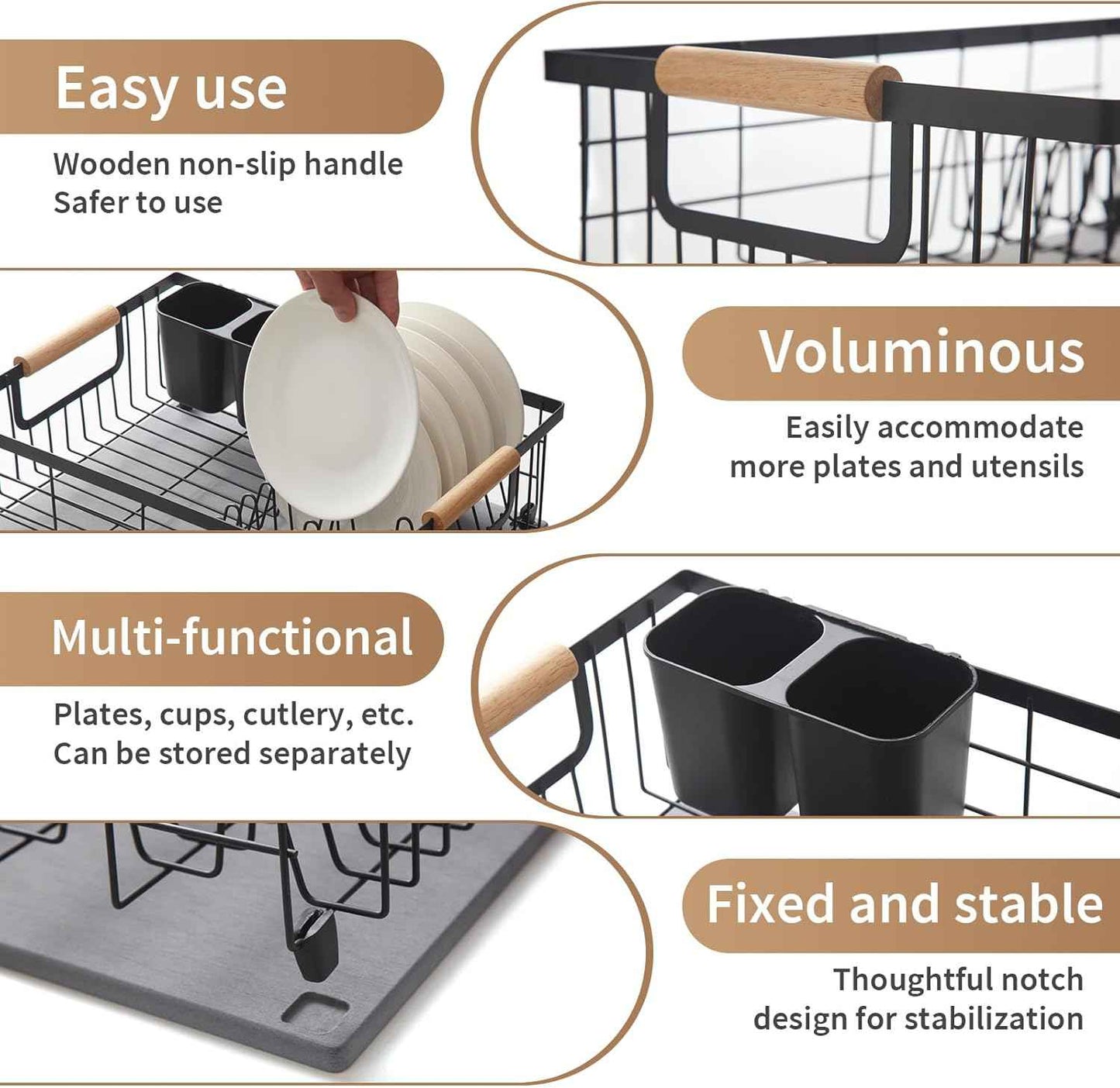 Dish Drying Rack with Stone Dish Drying Mat for Kitchen Counter, Dish Drainer with Diatomaceous Earth Quick Dry Mat, Organization and Storage Essentials with Cup & Cutlery Holders