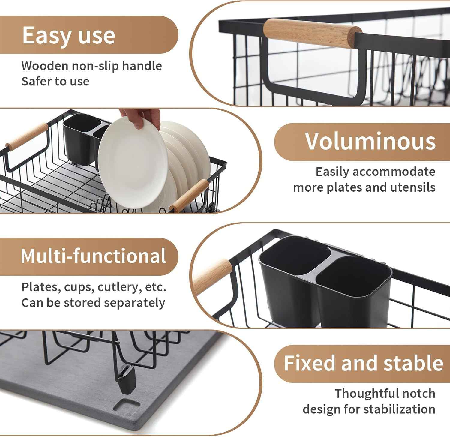Dish Drying Rack with Stone Dish Drying Mat for Kitchen Counter, Dish Drainer with Diatomaceous Earth Quick Dry Mat, Organization and Storage Essentials with Cup & Cutlery Holders