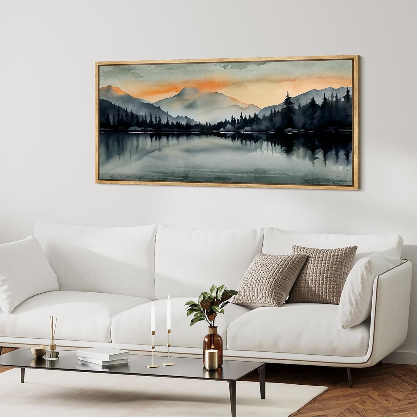 MUDECOR Extra Large Framed Canvas Print Wall Art Sunset Mountain Range and Lake Panoramic Antique Retro Fine Art Illustrations Decorative Colorful for Bedroom - 60"x30"