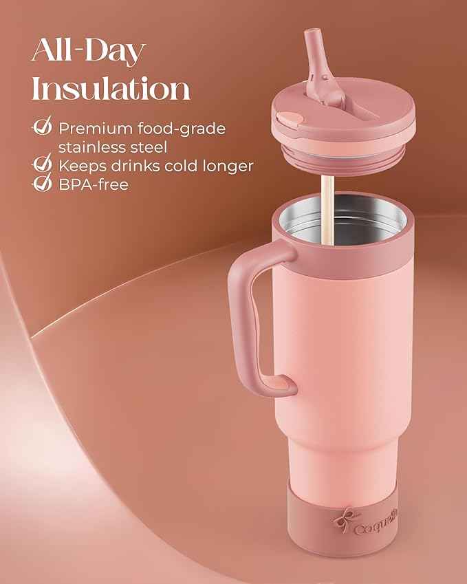 40 oz Insulated Tumbler with Handle and Push-Button Straw Lid, Stainless Steel Travel Cup for Gym Office, Leakproof, BPA-Free, Cup Holder Friendly, Bow Silicone Boot, (Peach Roasted)