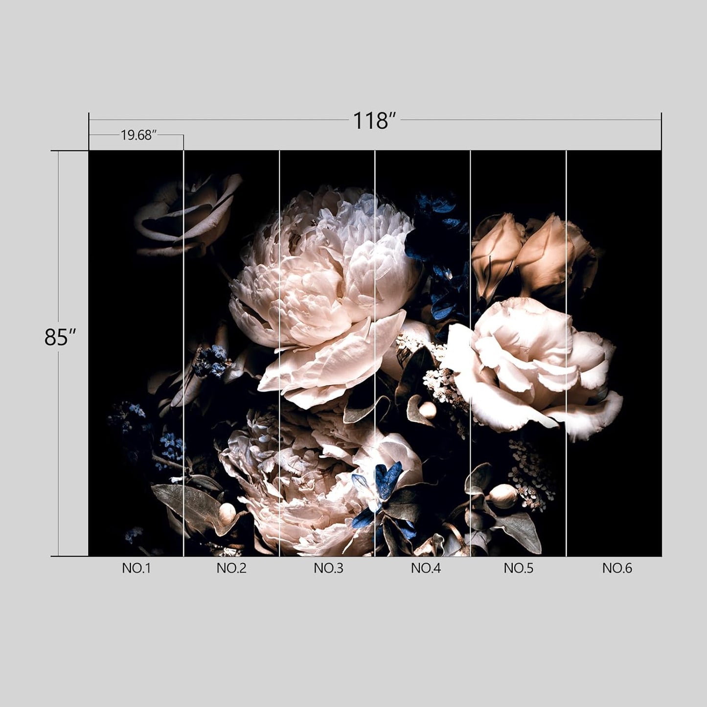 Black Peony Floral Wallpaper Peel and Stick Wall Mural for Bedroom Living Room - 85"x118"