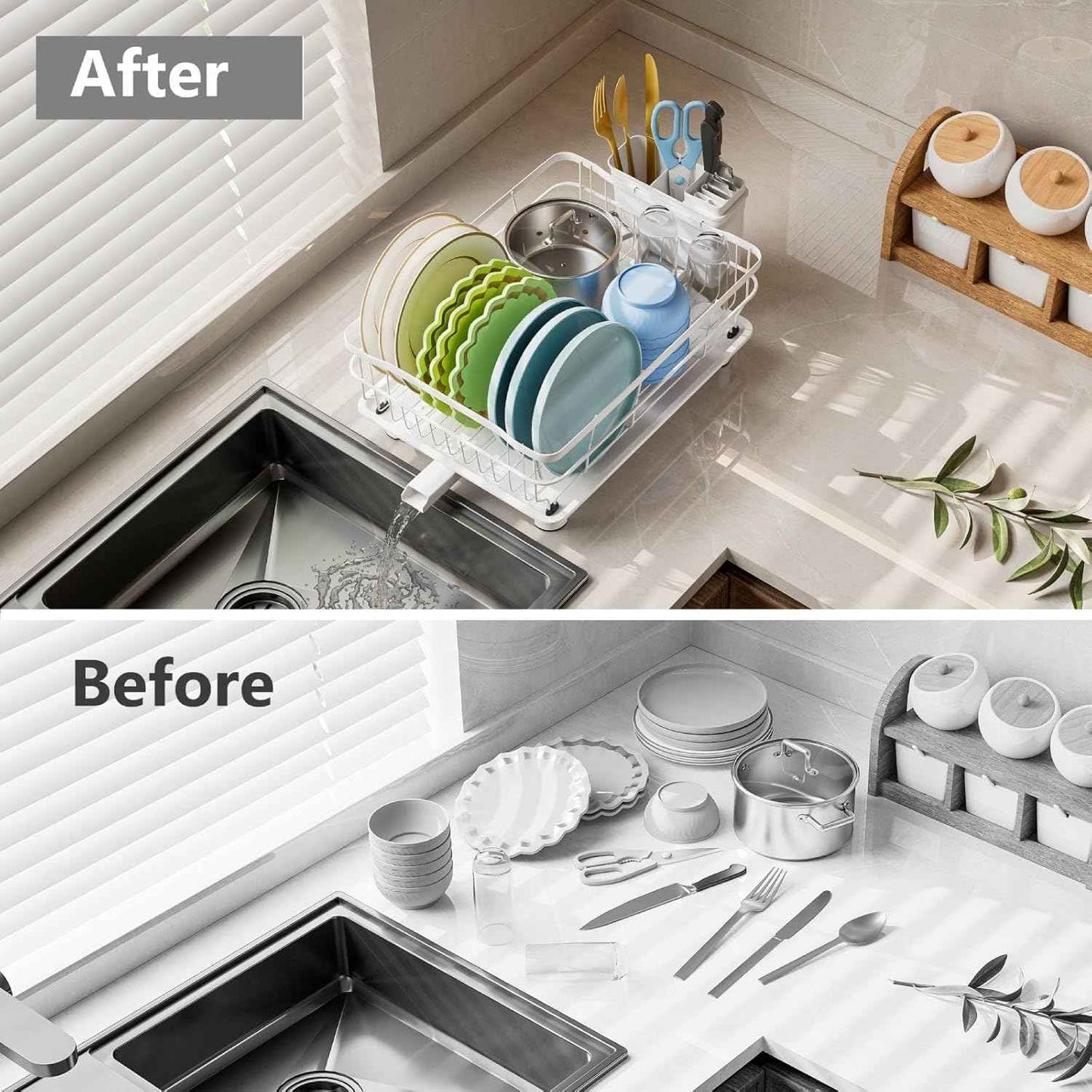 AIDERLY Iron Dish Drying Rack Auto Drain Dish Drainers Kitchen Counter Strainer with Draining Tray, All White