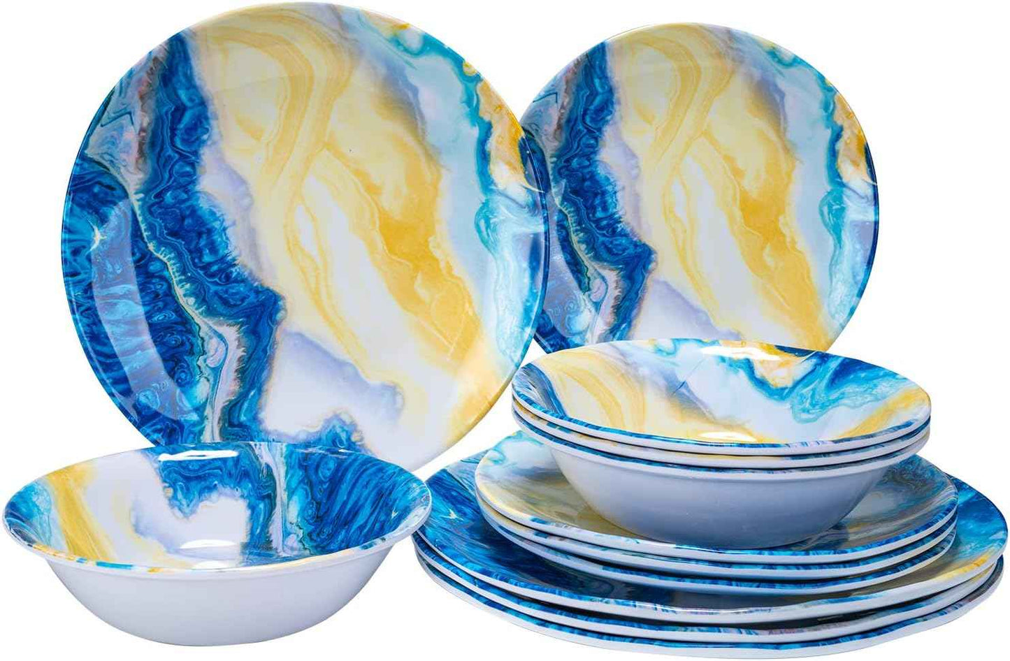 12 Pcs Melamine Dinnerware Set - Indoor and Outdoor Durable Plastic Dishes Dishware，Melamine Dinner Plates and Bowls Sets Service for 4，Lightweight Unbreakable（Landscape Painting）
