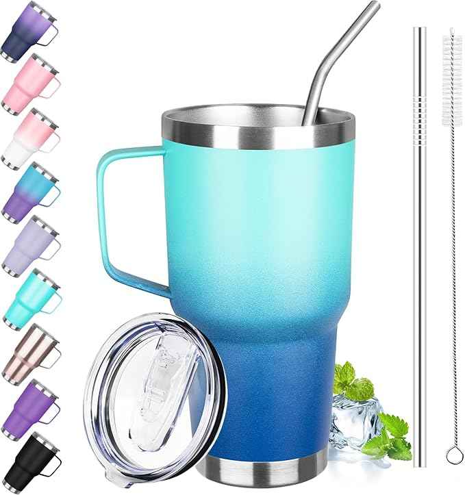 30 oz Stainless Steel Tumbler with Handle, Double Wall Vacuum Insulated Coffee Mug with Lid and Straw, Thermal Cup for Cold and Hot (Light Dark Blue)