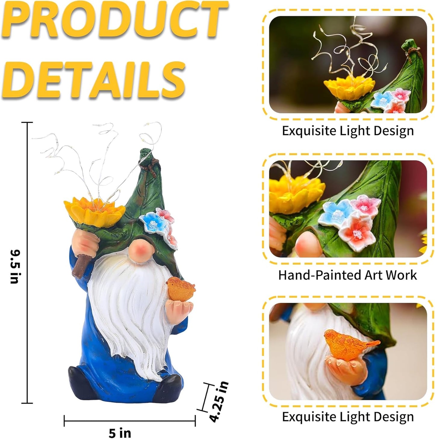 Outdoor Garden Gnomes Statue: 9.5‘’ Solar Garden Decor with LED Light Patio Yard Lawn Funny Decoration Housewarming Birthday Gifts for Women