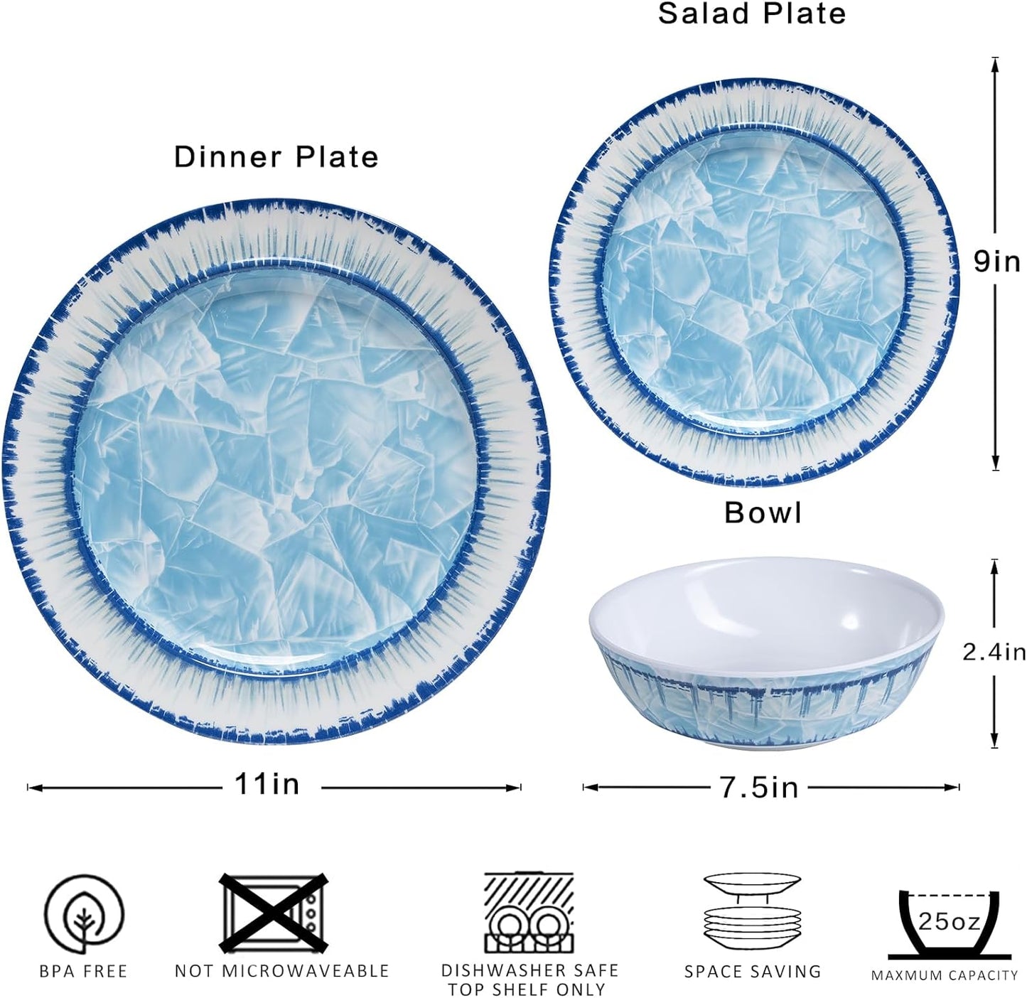 12 Piece Melamine Plates and Bowls Dinnerware Set, Lightweight Unbreakable Modern Dishes Set Great for Outdoor Camping & Everyday Use, Service for 4, BPA Free, Light Blue