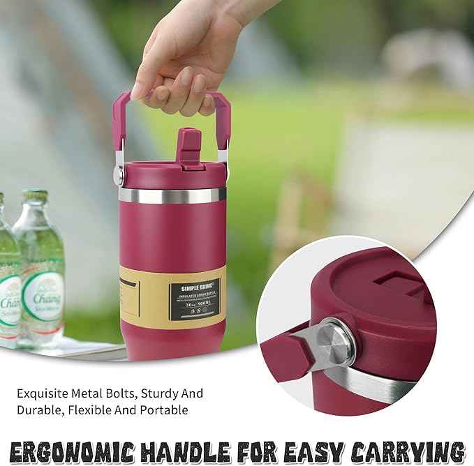 30oz Flip Straw Insulated Water Bottle with Handle, Leak Proof Stainless Steel Travel Tumbler With Lid, Double Wall Vacuum Iced Coffee Travel Mug, Sport Cup, Outside use