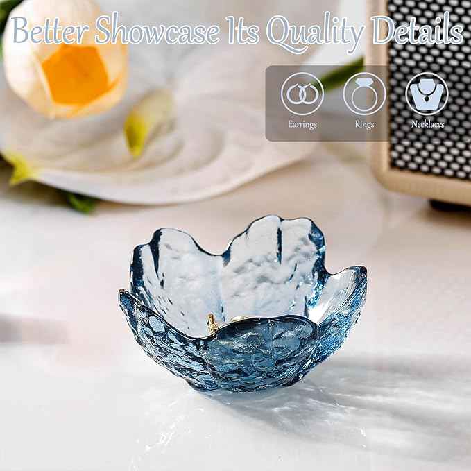 Binoster Blue Flower Glass Ring Dish Jewelry Tray Ring Holder Dish Cute Room Decor Vanity Organizer for Nightstand or Bathroom Aesthetic Trinket Dish Gift for Wife Mom Daughter